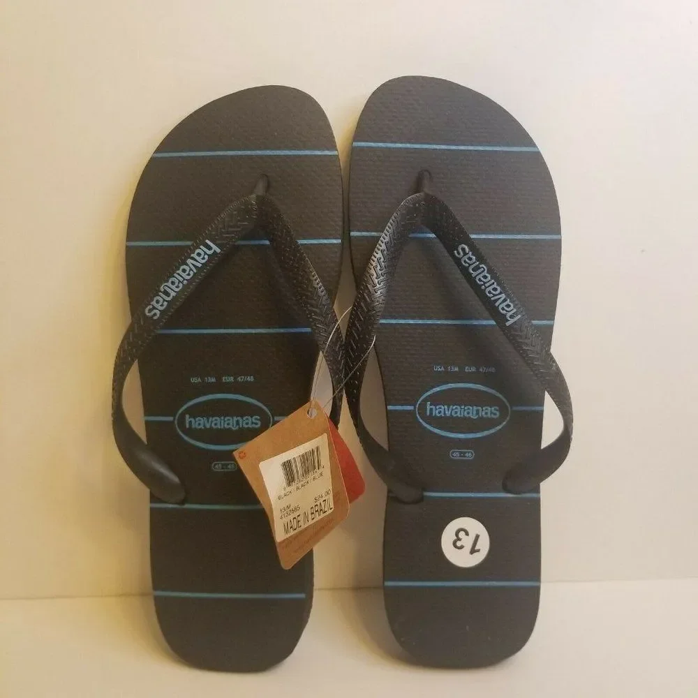 Havaianas Mens Size 13 Black Blue Striped Flip Flops New 4132585